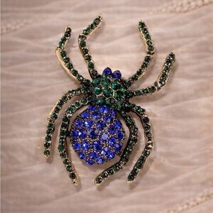 Gothic Spider Brooch with Blue & Green Crystals